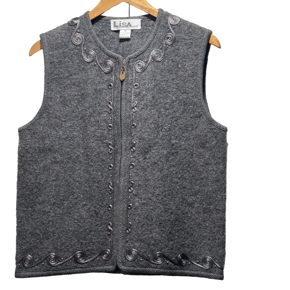 Lisa International Gray Boiled Wool Vest Size M Embroidered Zip Front